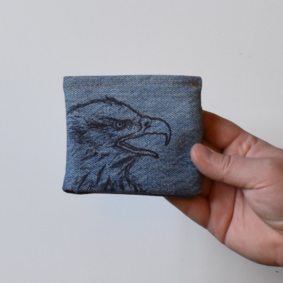 Wallet bifold denim hand drawn eagle men's gifts - Picture 1 of 5